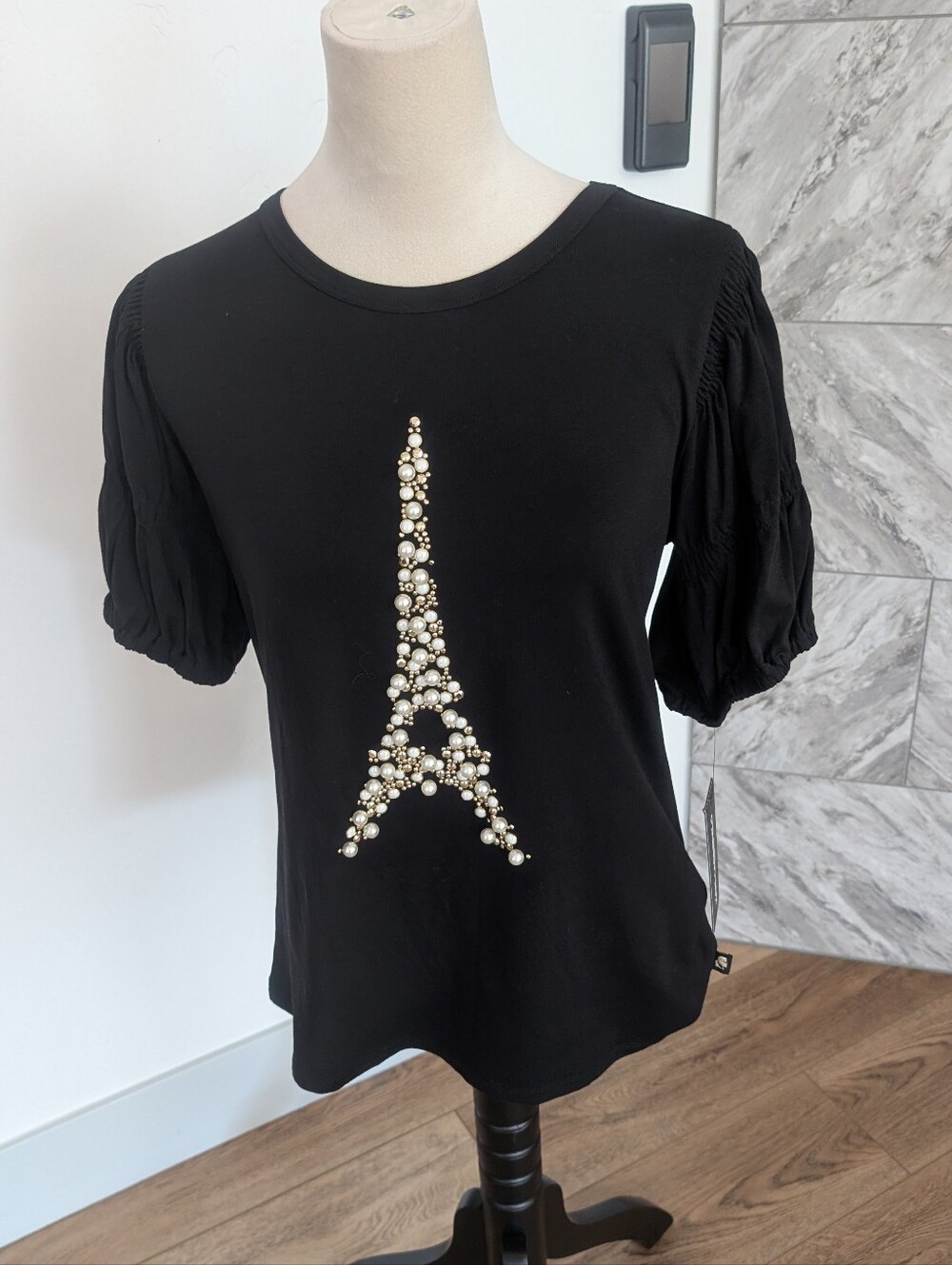 Karl Lagerfeld Black Pearl Eiffel Tower Short Sleeve Tee - Picture 9 of 9